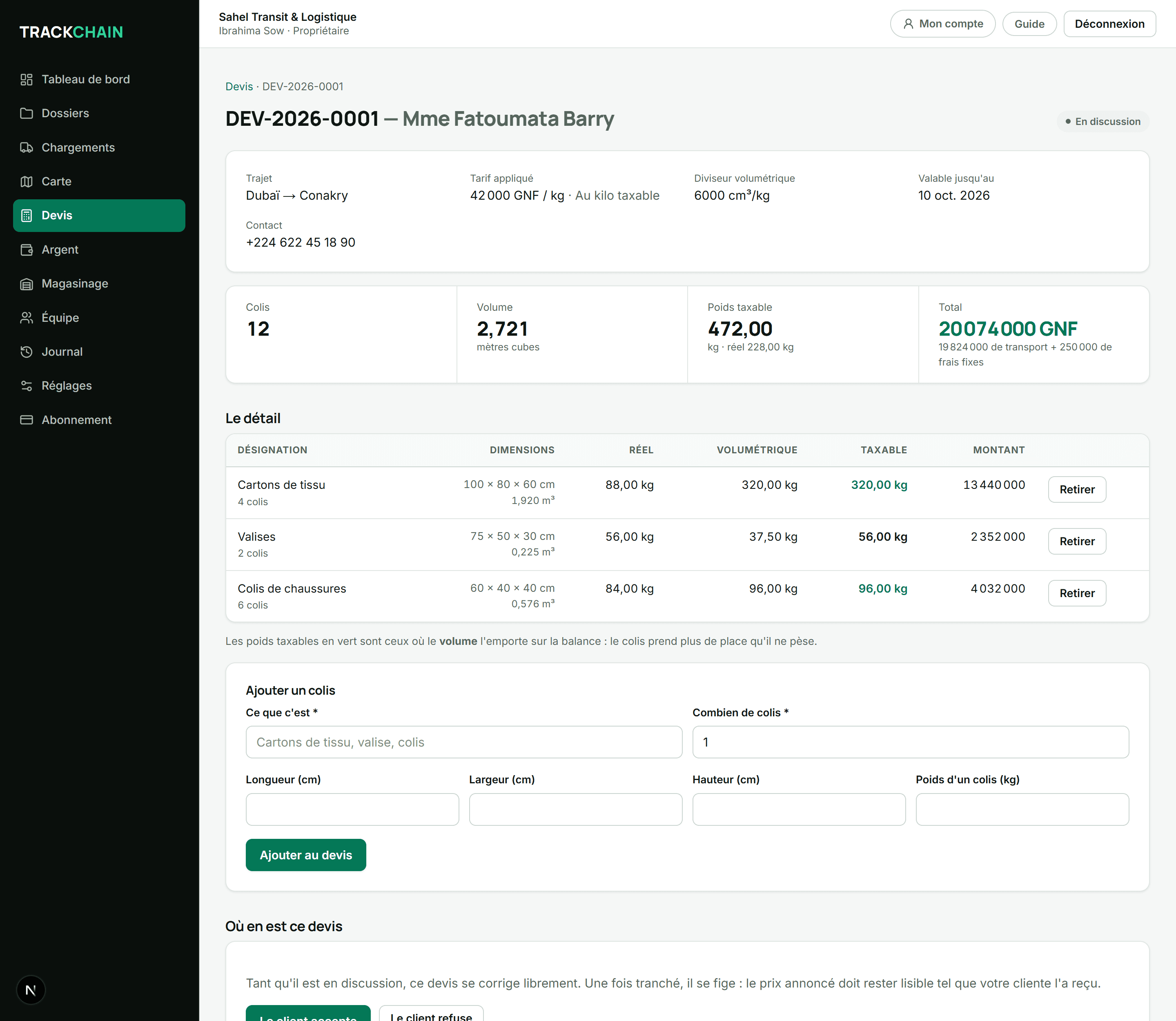 Un devis de groupage avec le calcul du poids taxable