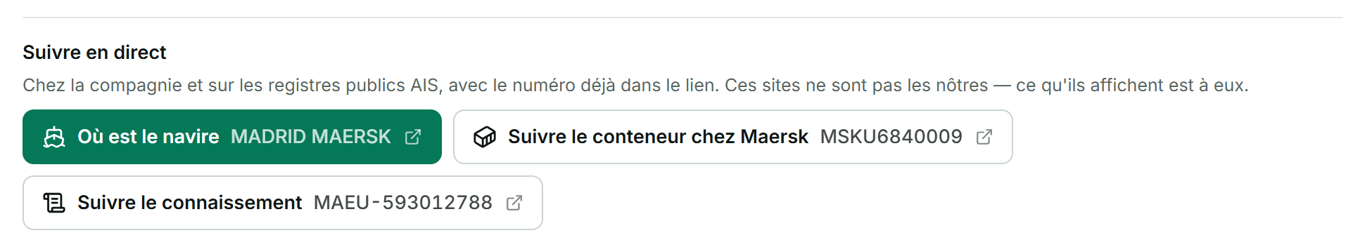 Les trois liens de suivi d'un chargement maritime